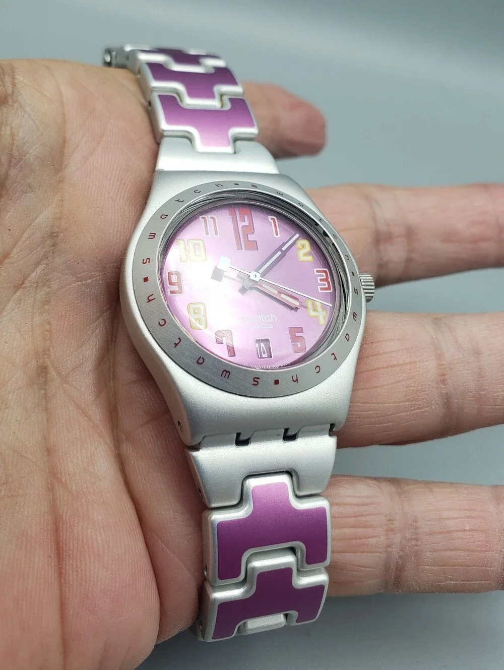 Swatch Swiss Purple Dial w/Silver Irony - Don't Cross the Line - NEW Battery